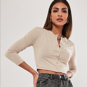 Button Front Long Sleeve Crop Top